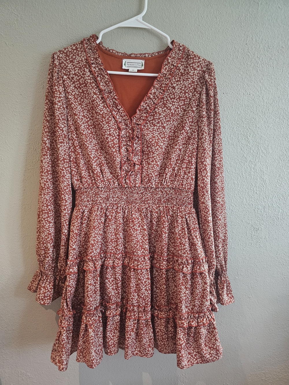 Loveriche Boho Prairie Fit & Flare Dress M Rust Ditsy Floral Smocked Tiered Mini